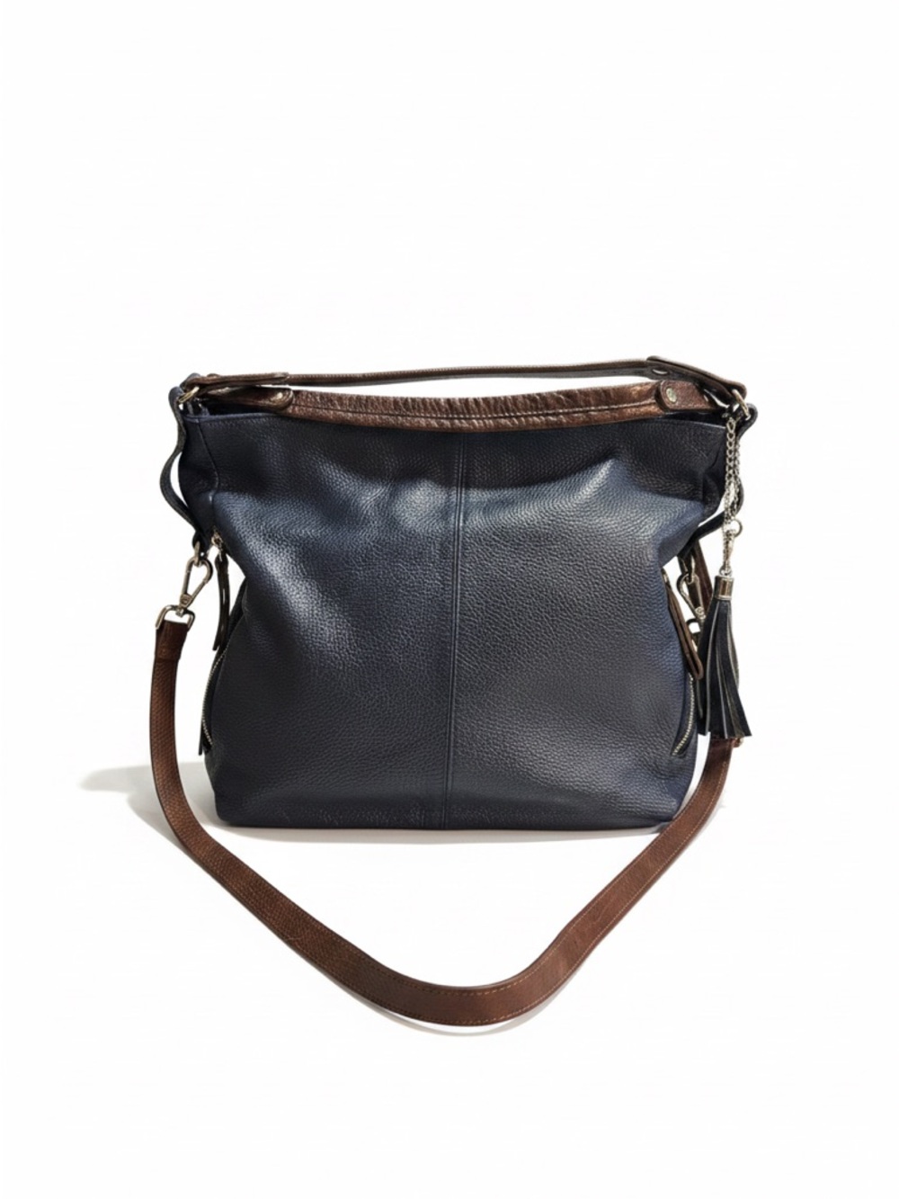 Milo’s Navy and Brown Leather Shoulder Bag with Tassel Accent - Women Bags